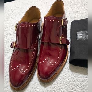 The Office of Angela Scott Patent Leather Lasercut Accents Monk Straps Sz 41 New